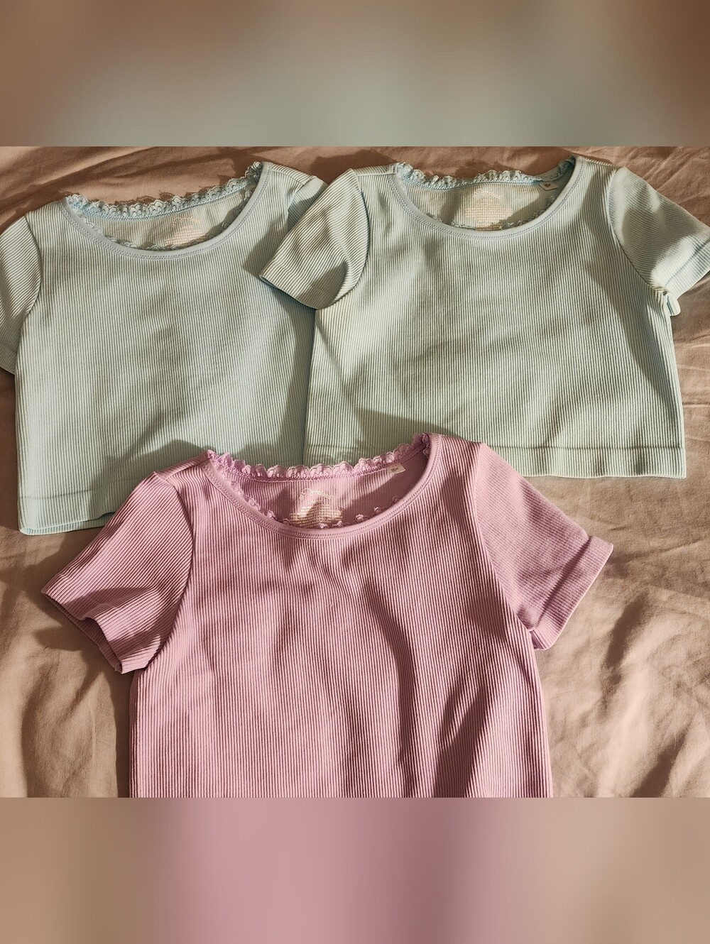 Bundle! 3 Girls Ribbed Lace-Trim Short Sleeve Tee — Mint & Lavender